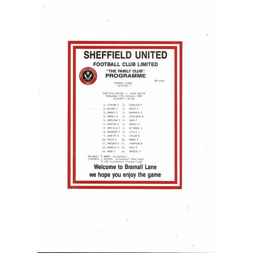 Sheffield United v Leeds United Central League Football Programme 1987/88