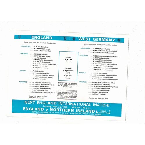 1972 England v West Germany Football Programme