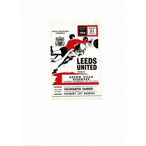 Leeds United v Aston Villa Central League Football Programme 1970/71