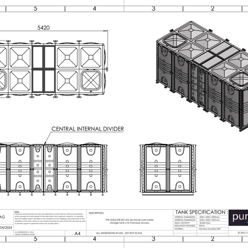 PW.5X2X2.IFB.DIV.AG(2+2) - 20000 LITRE DIVIDED SECTIONAL WATER TANK, INTERNALLY FLANGED BASE (IFB)
