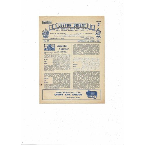 1955/56 Leyton Orient v Queens Park Rangers Football Programme