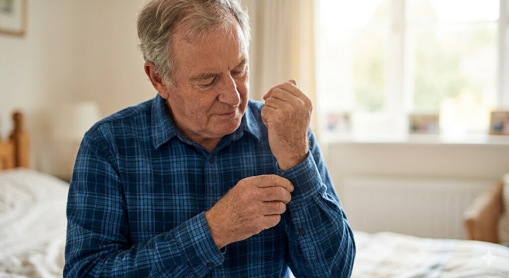 A dignified elderly man in a blue checkered shirt carefully buttoning his cuff in a warm, naturally lit bedroom, demonstrating independence in his morning routine.