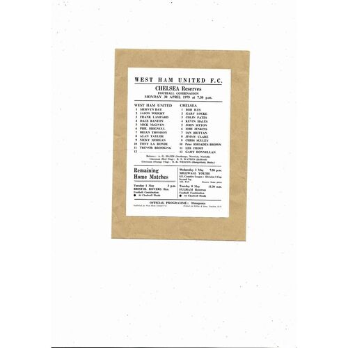 West Ham United v Chelsea Football Combination Programme 1978/79