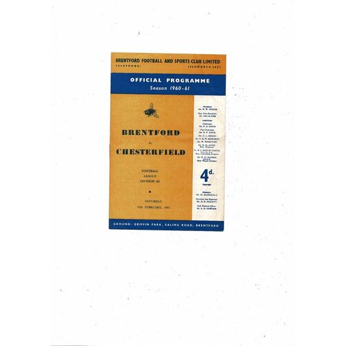 1960/61 Brentford v Chesterfield Football Programme