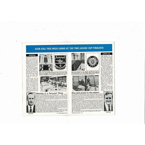 1968 Arsenal v Leeds United League Cup Final Football Programme + League Review