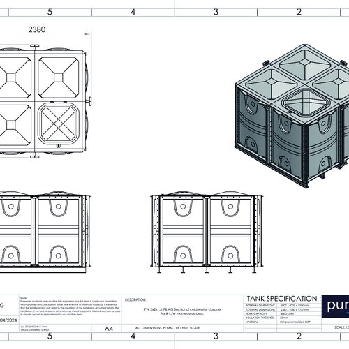 PW.2X2X1.5.IFB.AG - 6000 LITRE SECTIONAL WATER TANK, INTERNALLY FLANGED BASE (IFB)