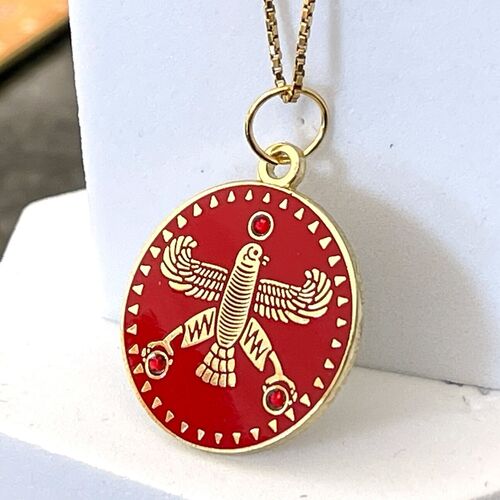Round Pendant. The Persian Falcon. Deep Red with 3 Red Stones. Original Cyrus Falcon Shahbaz.