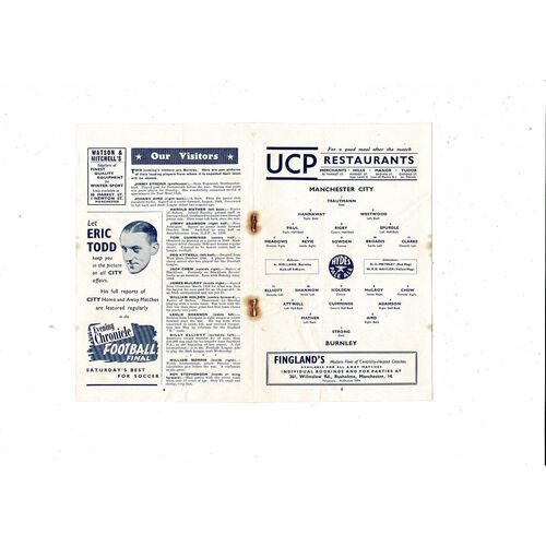 1952/53 Manchester City v Burnley Football Programme