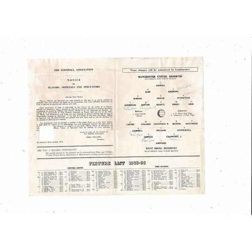 Manchester United v West Bromwich Albion Central League Football Programme 1965/66