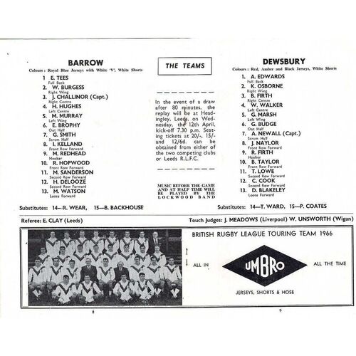 1967 Barrow v Dewsbury (08/04/1967) Rugby League Challenge Cup Semi Final Programme