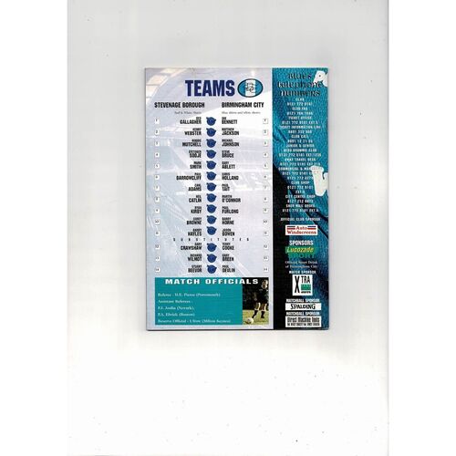 Stevenage Borough v Birmingham City FA Cup Football Programme 1996/97 @ Birmingham City