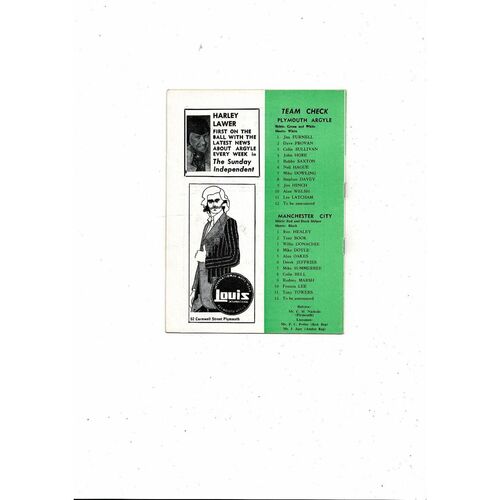 Plymouth v Manchster City Mike Bickle Testimonial Football Programme 1972/73