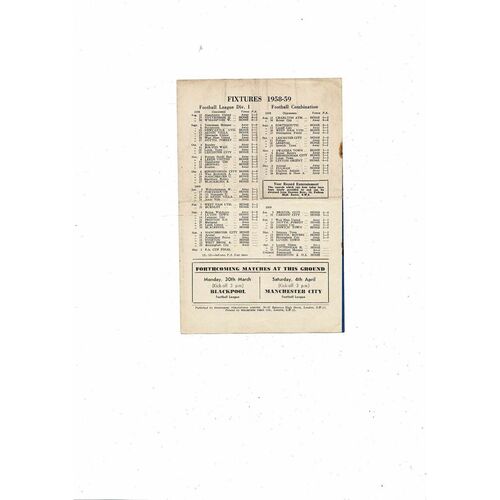 Chelsea v Luton Town Football Combination Programme 1958/59