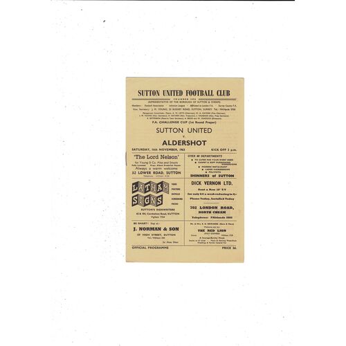 Sutton United v Aldershot FA Cup Football Programme 1963/64