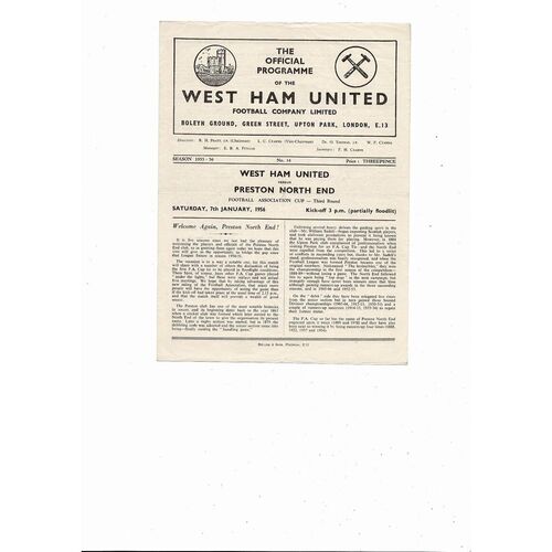 1955/56 West Ham United v Preston FA Cup Football Programme