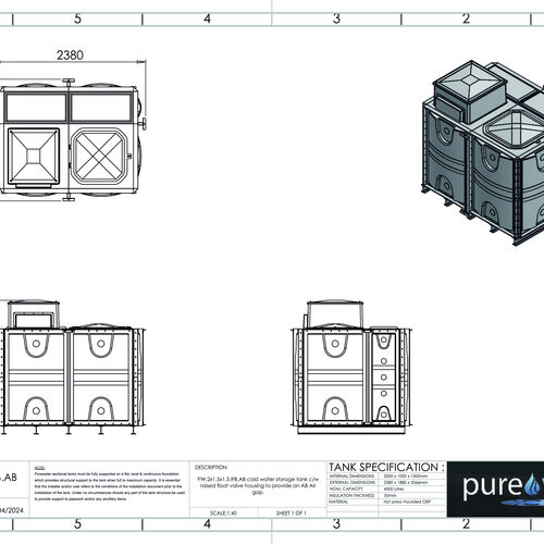 PW.2X1.5X1.5.IFB.AB - 4500 LITRE SECTIONAL WATER TANK, INTERNALLY FLANGED BASE (IFB) C/W FVH