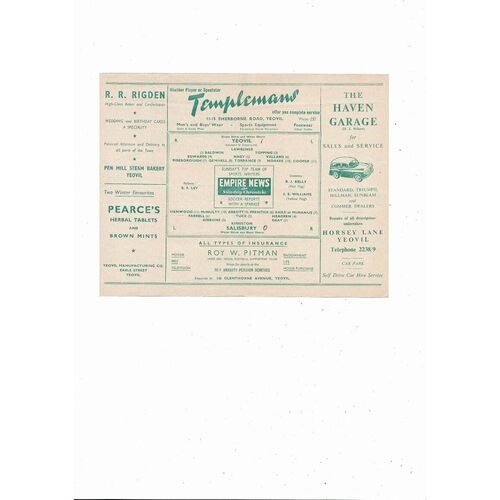 1957/58 Yeovil Town v Salisbury Western League Football Programme