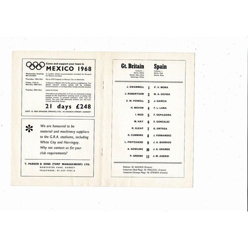Great Britain v Spain Olympic Games 1968 Football Programme @ White City Stadium