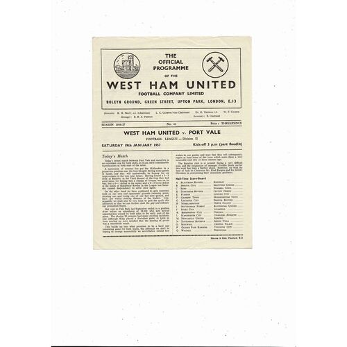 1956/57 West Ham United v Port Vale Football Programme