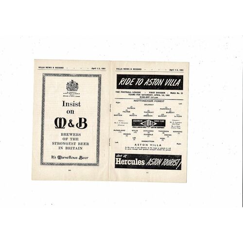 1960/61 Aston Villa v Nottingham Forest & Wolves Reserves Double Programme