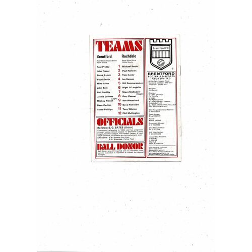 1976/77 Brentford v Rochdale Football Programme