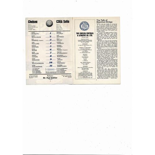 Chelsea v CSKA Sofia European Cup Winners Cup Football Programme 1970/71