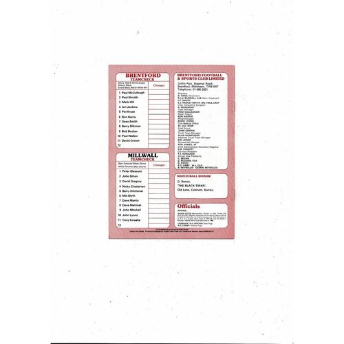 1980/81 Brentford v Millwall Football Programme