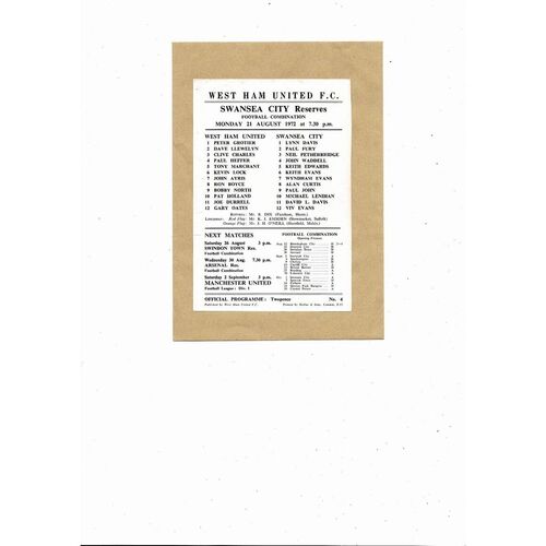 West Ham United v Swansea City Football Combination Programme 1972/73