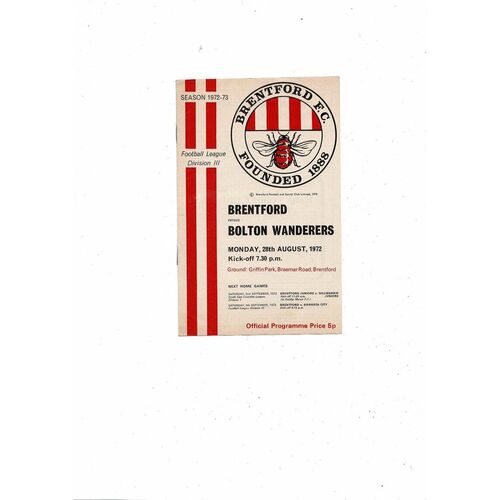 1972/73 Brentford v Bolton Wanderers Football Programme