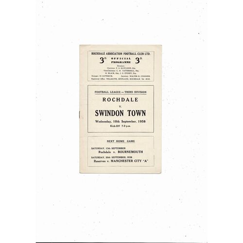 1958/59 Rochdale v Swindon Town Football Programme