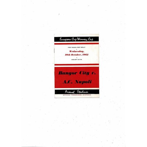Bangor City v Napoli European Cup Winners Cup Football Programme 1962/63 @ Arsenal