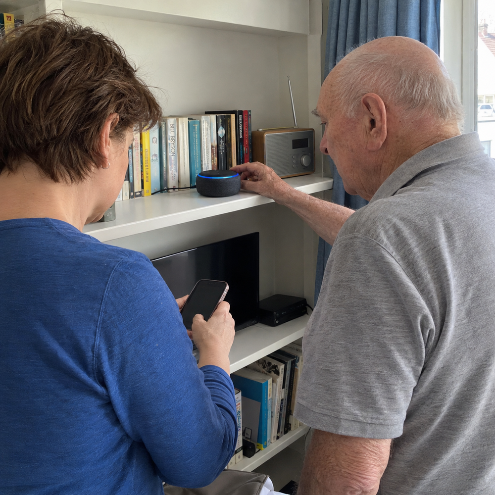 Older man and adult woman setting up a smart speaker together at home.