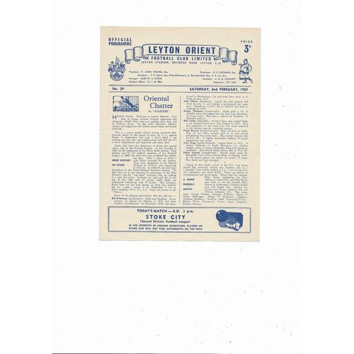 1956/57 Leyton Orient v Stoke City Football Programme