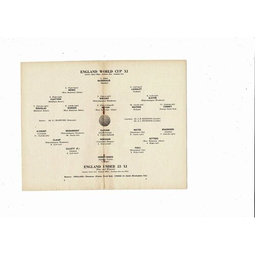 1958 England World Cup X1 v England U23 Friendly Football Programme