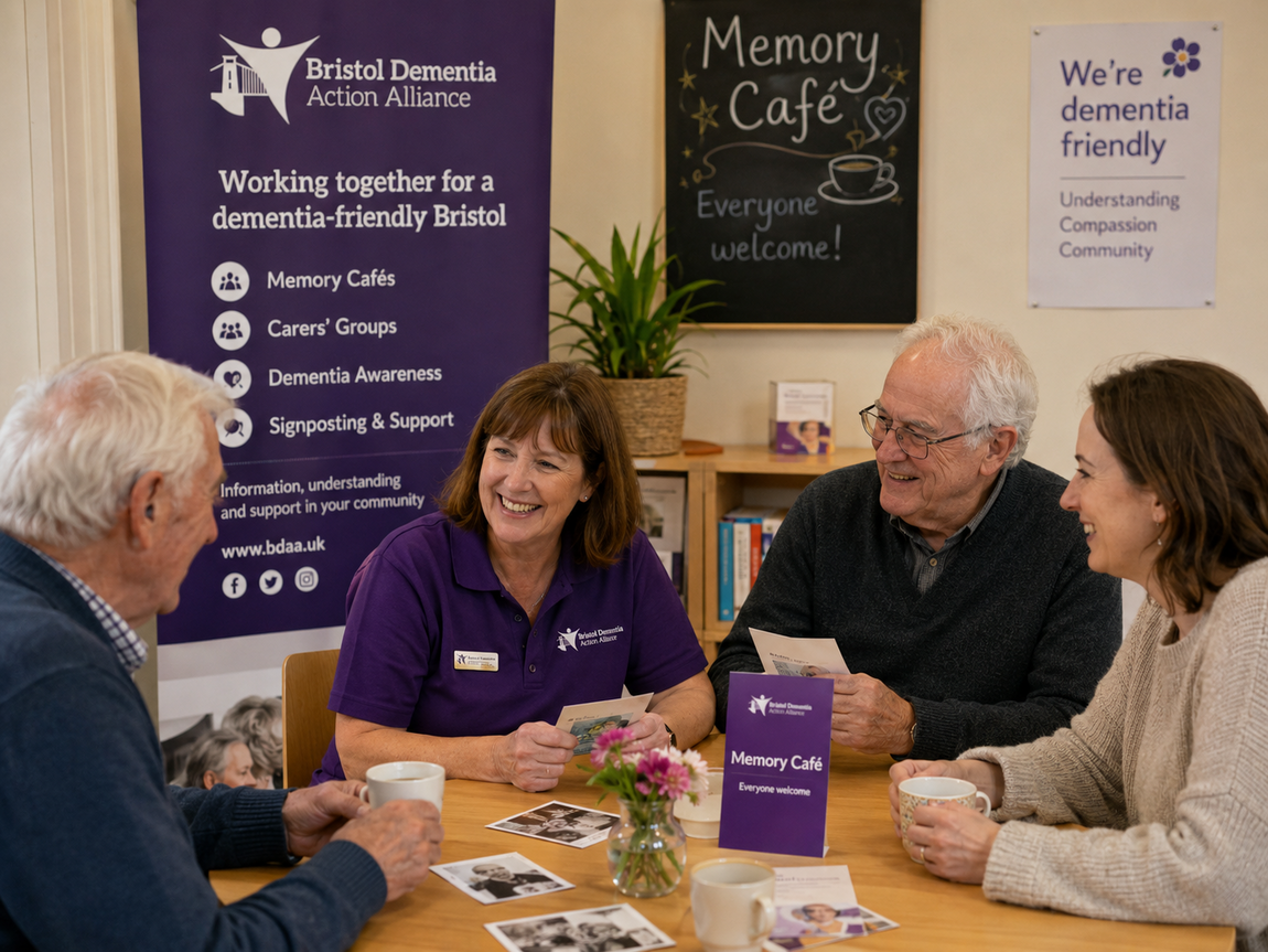 Older adults and a volunteer chatting together at a dementia-friendly memory café, with Bristol Dementia Action Alliance information displayed nearby.
