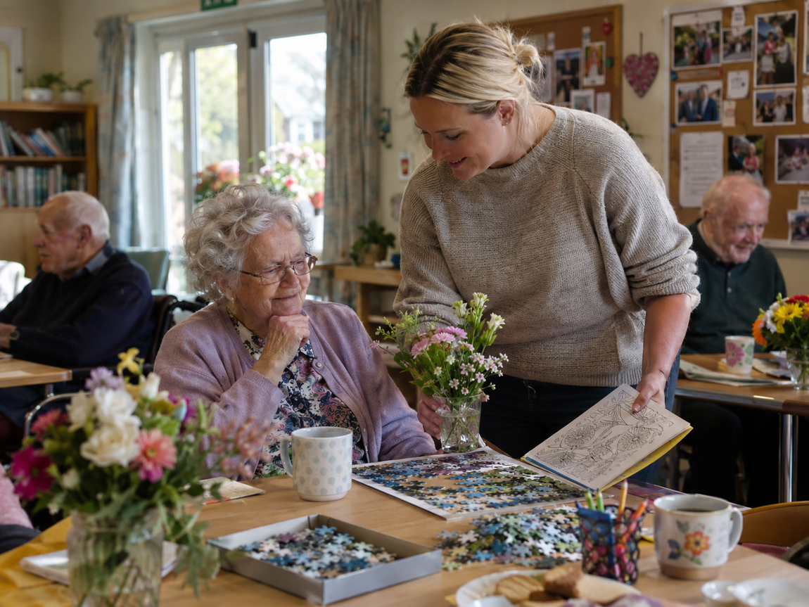 Older woman at a day club table with a support worker, choosing between a jigsaw puzzle and a colouring activity, with flowers and other guests nearby.