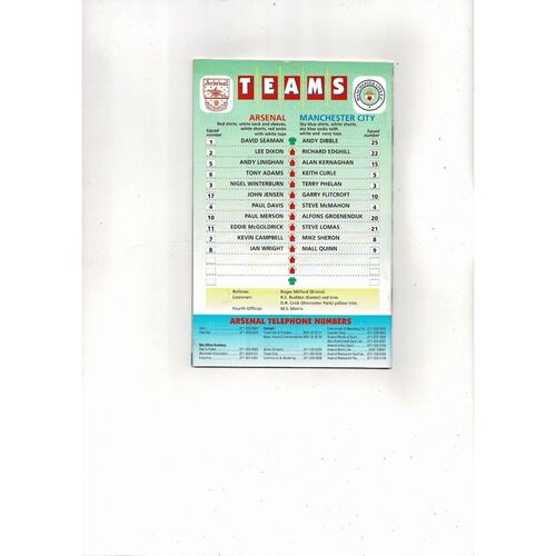 1993/94 Arsenal v Manchester City Football Programme