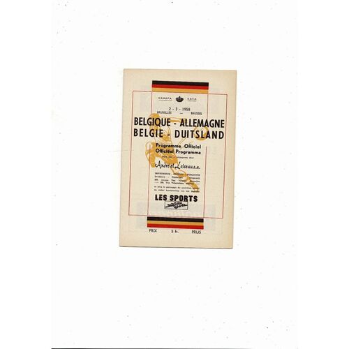 1958 Belgium v West Germany International Friendly Football Programme