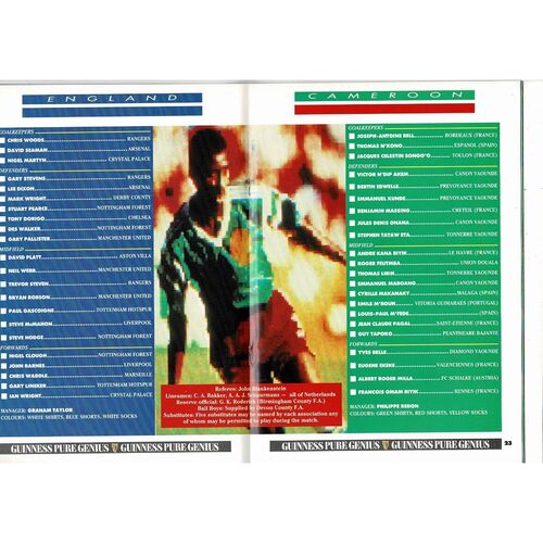 1991 England v Cameroon Football Programme