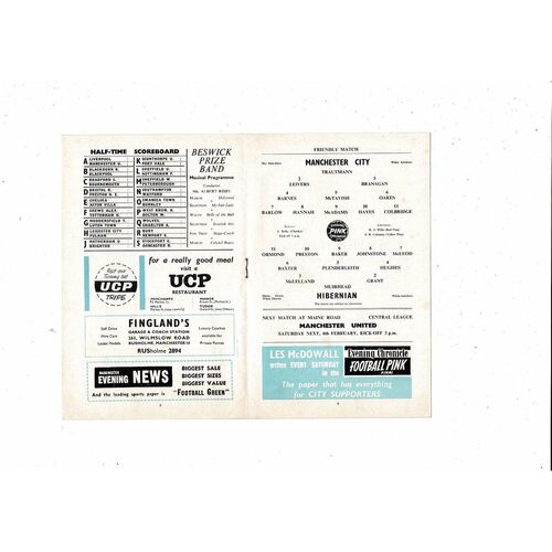 Manchester City v Hibernian Friendly Football Programme 1959/60