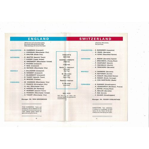 1977 England v Switzerland Football Programme