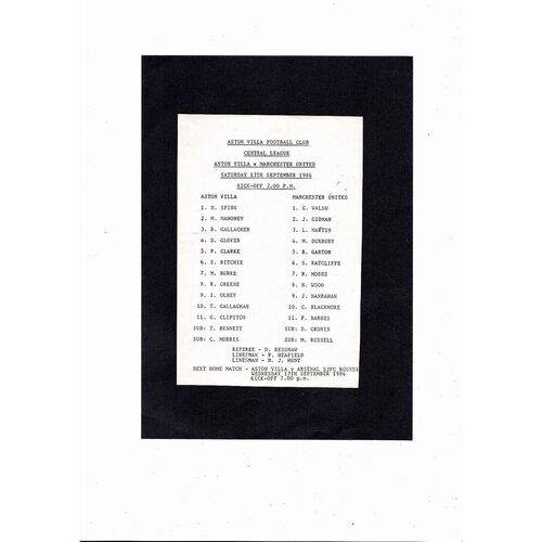 Aston Villa v Manchester United Central League Football Programme 1986/87