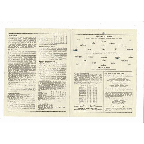 1956/57 West Ham United v Lincoln City Football Programme