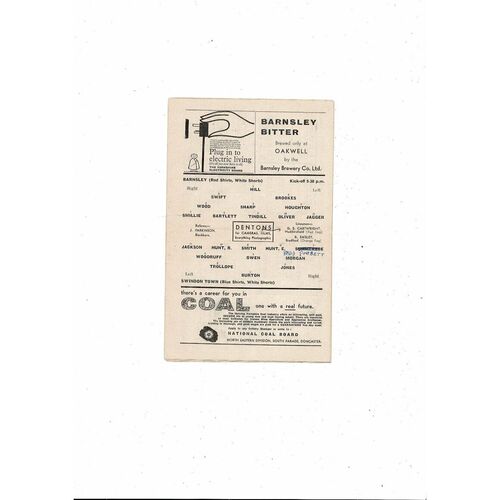 1961/62 Barnsley v Swindon Town Football Programme