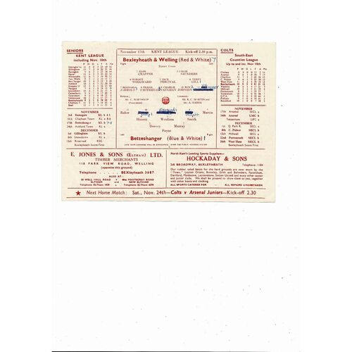 1956/57 Bexleyheath & Welling v Betteshanger Kent League Football Programme