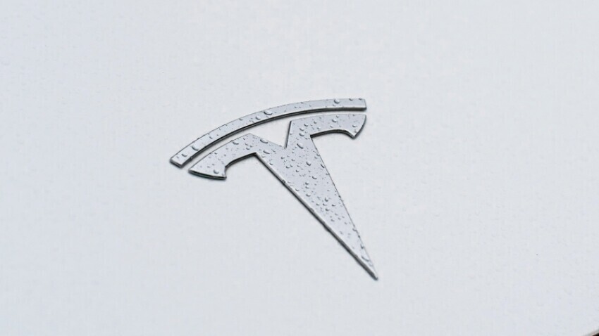 Tesla vehicle badge on a white company car.