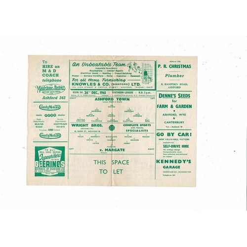 1961/62 Ashford Town v Margate Southern League Football Programme