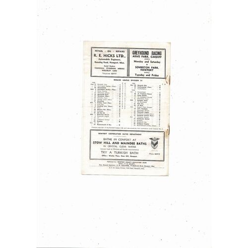 1958/59 Newport County v Queens Park Rangers Football Programme