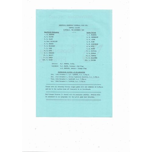 Sheffield Wednesday v Leeds United Central League Football Programme 1981/82