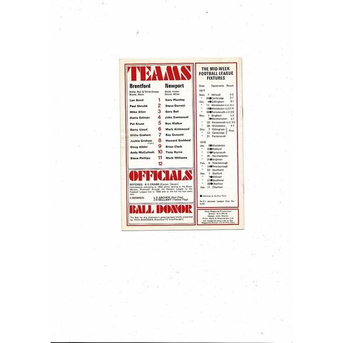 1977/78 Brentford v Newport County Football Programme
